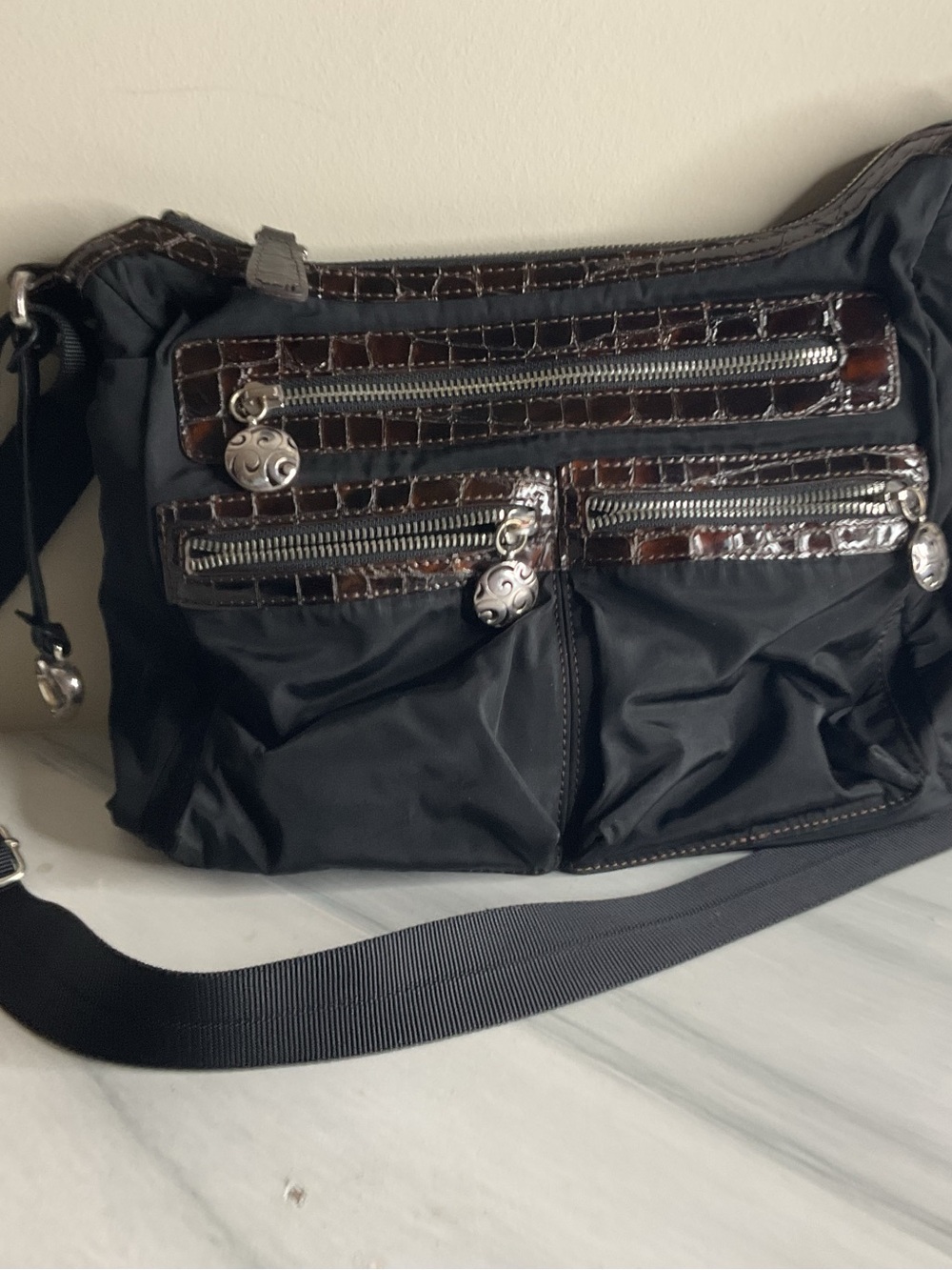 Brighton Crossbody nylon Shoulder Bag with Dark Brown Croc patent leather Trim
